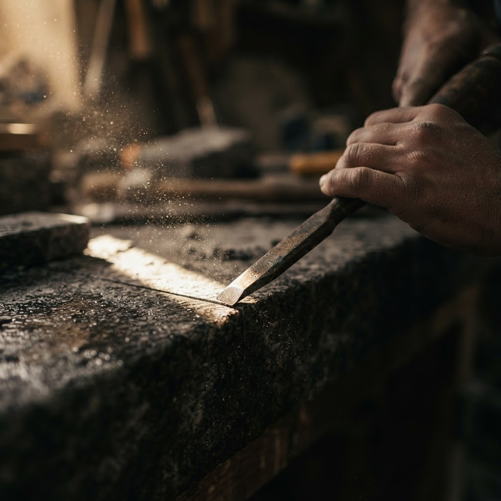 Linha de cinzel sobre um bordo de granito, com pó a apanhar a luz da manhã