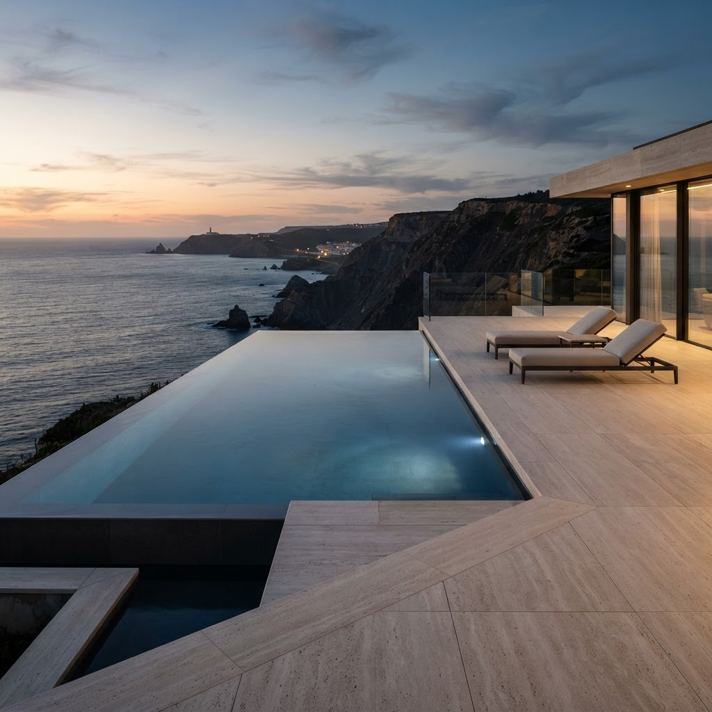 Contorno de piscina em travertino